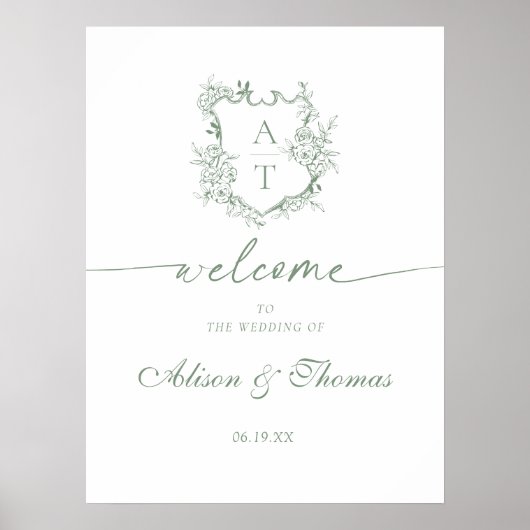 Poster Accueil Mariage Monogram Sage Vert classique (Devant)
