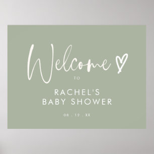 Poster Accueil minimaliste Baby shower Coeur Vert Sage