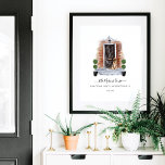 Poster Accueil Sweet Home Aquarelle Rouge brique et porte<br><div class="desc">Beau et élégant cadeau personnalisé unique pour les nouveaux propriétaires, la première maison de mariée, et les cadeaux de réchauffement de la maison. Notre design comprend notre propre porte d'entrée noire foncée couleur aquarelle peinte à la main. Accentué de briques roux/marron rustique, luminaire noir, chemin de pavé gris naturel et...</div>