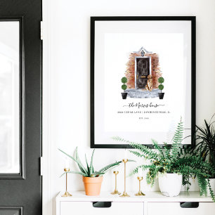 Poster Accueil Sweet Home Aquarelle Rouge brique et porte