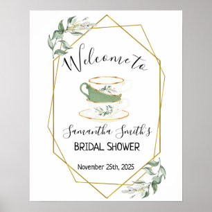 Poster Accueil Tea nuptiale douche verte cadre or panneau