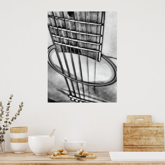 Poster Acoustic Guitar Perspective Strings Black White (Cuisine)