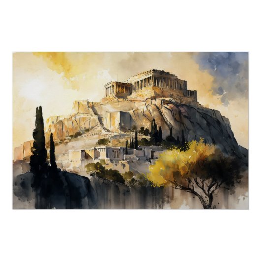 Poster Acropole d'Athènes, huile et aquarelle (Devant)