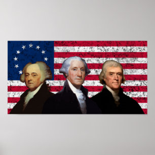 Poster Adams, Washington et Jefferson - Betsy Ross Flag