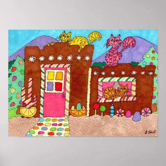 Poster Adobe Gingerbread Maison avec chats Folk Art (Devant)