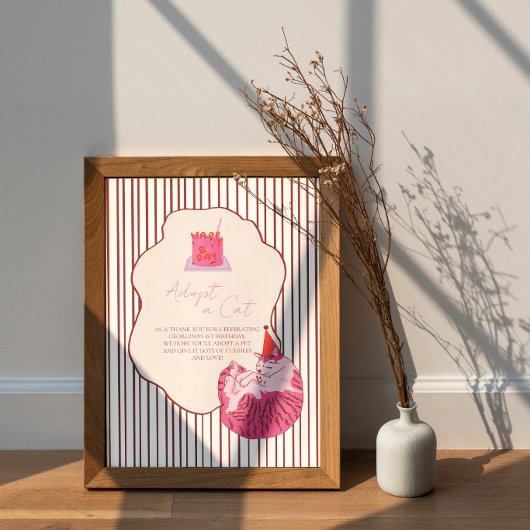 Poster Adopt a Cat Pink Cake on Stripes Birthday Decor
