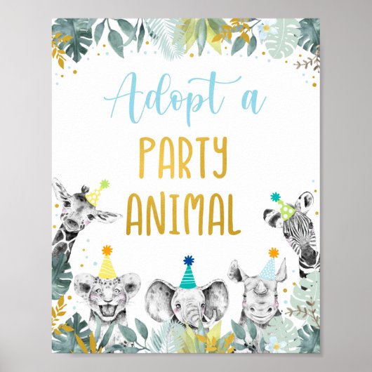Poster Adopt A Party Animal Blue Gold Birthday Sign (Devant)