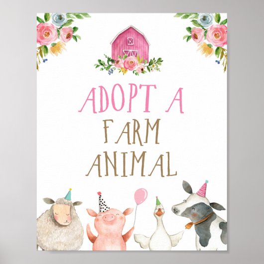 Poster Adopt an Animal Farm Animals Barn Girl Birthday (Devant)