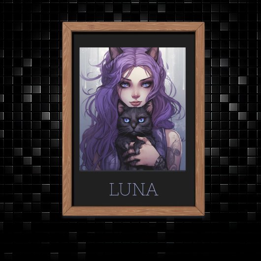 Poster Adorable Anime Girl et chatte mignonne pourpre che