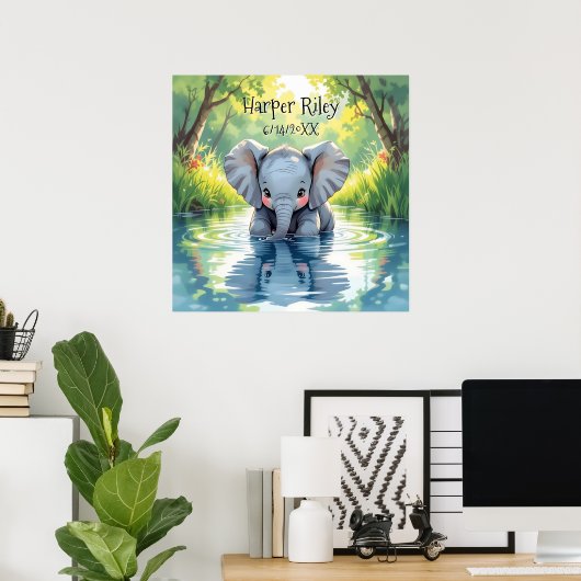 Poster Adorable Baby Elephant and Reflection Personalized (Bureau à domicile)