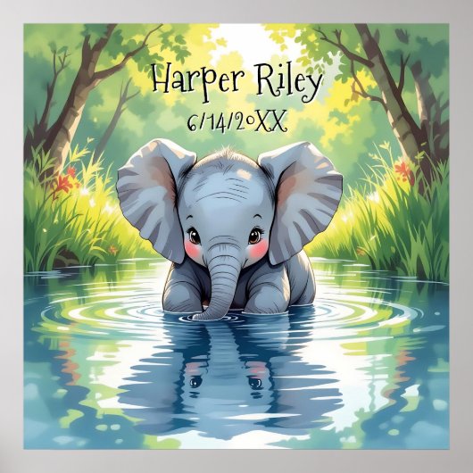 Poster Adorable Baby Elephant and Reflection Personalized (Devant)