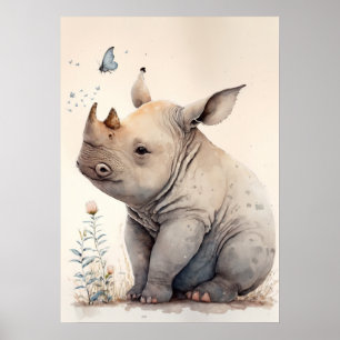 Poster adorable Baby Rhino Watercolor Nursery
