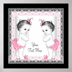 Poster Adorable Baby shower bébé rose jumeau fille