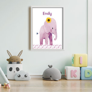 Poster Adorable bébé éléphant avec nom pépinière
