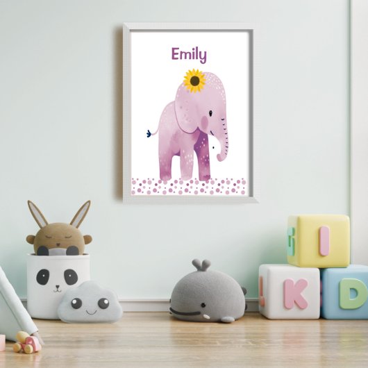Poster Adorable bébé éléphant avec nom pépinière