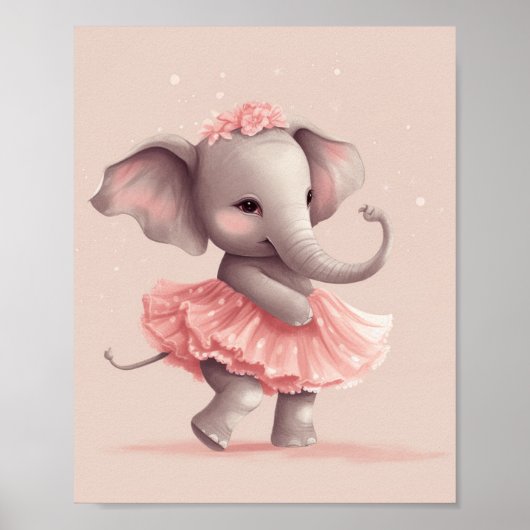 Poster Adorable bébé éléphant rose avec robe à pois (Devant)
