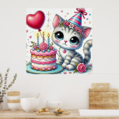 Poster Adorable Chat Célébrer Anniversaire avec gâteau (Cuisine)