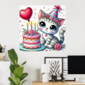 Poster Adorable Chat Célébrer Anniversaire avec gâteau (Bureau à domicile)