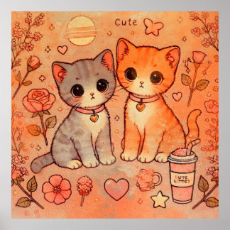 Poster Adorable Chat couple esthétique peinture décorativ
