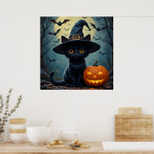 Poster Adorable Chat Noir Portant Sorcière Casquette (Cuisine)