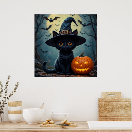 Poster Adorable Chat Noir Portant Sorcière Casquette (Cuisine)