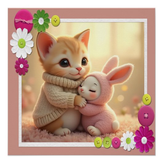Poster adorable chaton et petit lapin, (Devant)