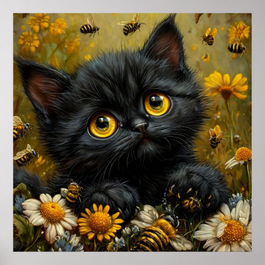 Poster Adorable Chaton Noir Parmi les Fleurs (Devant)