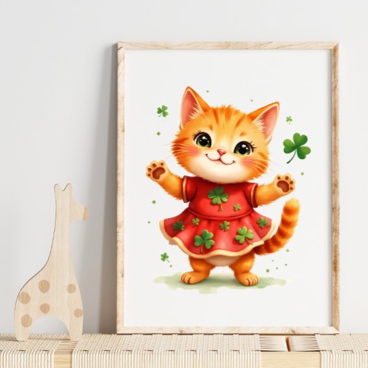 Poster Adorable chaton orange dans une robe trèfle