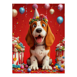 Poster Adorable chien Beagle célébrant l'anniversaire