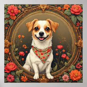Poster Adorable chien encadré par des fleurs colorées