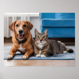 Poster Adorable chien et chat orange en train de se battr