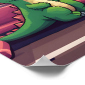 Poster Adorable Dinosaure Vert en train au coucher du sol (Coin)