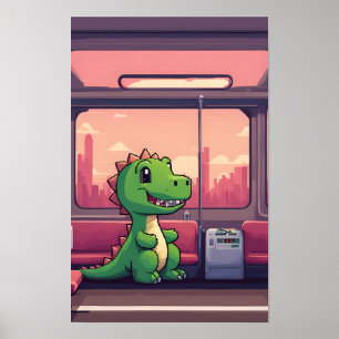 Poster Adorable Dinosaure Vert en train au coucher du sol