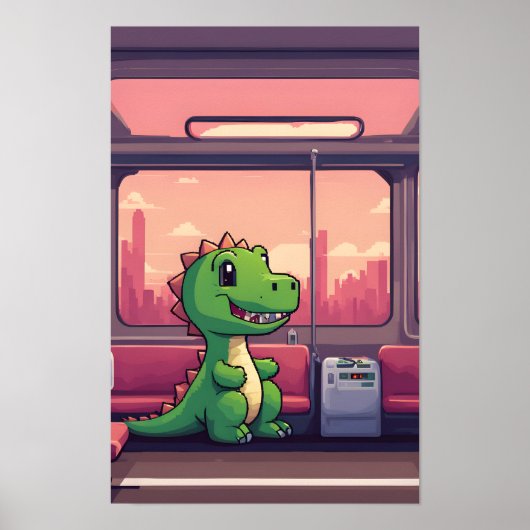 Poster Adorable Dinosaure Vert en train au coucher du sol (Devant)