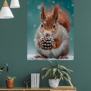 Poster Adorable écureuil rouge dans la neige avec un Pine