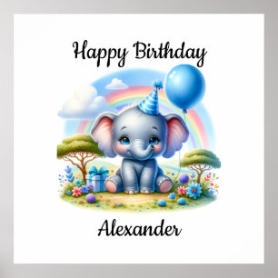 Poster Adorable éléphant d'anniversaire en Casquette de l