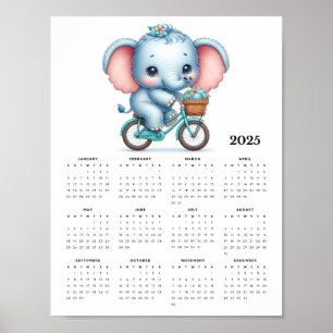 Poster Adorable éléphant sur un vélo 2025 Calendrier mura
