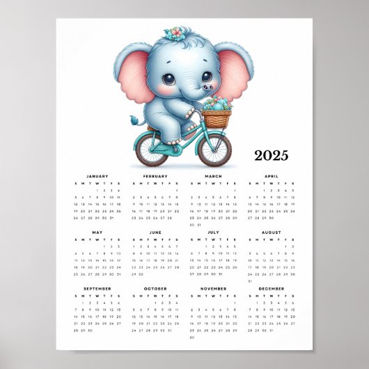 Poster Adorable éléphant sur un vélo 2025 Calendrier mura (Devant)