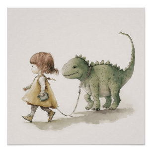 Poster Adorable fille marchant dinosaure mur art