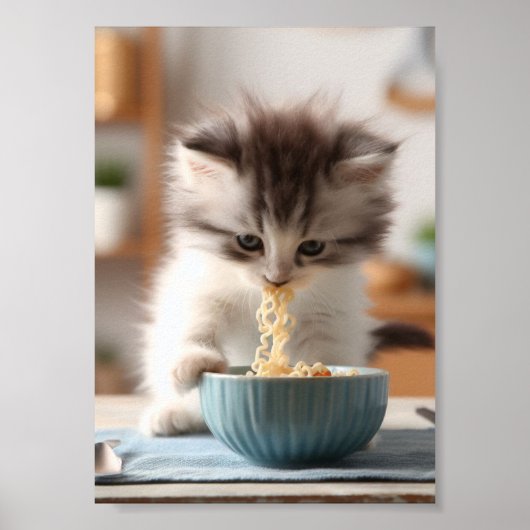 Poster Adorable Fluffy Kitten mangeant des nouilles Ramen (Devant)