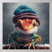 Poster Adorable gecko portant mignon casquette d'hiver (Devant)