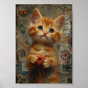 Poster Adorable Ginger Kitten avec collage en fil
