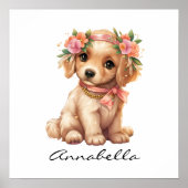 Poster Adorable Golden Retriever Puppy Floral (Devant)