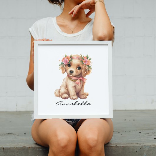Poster Adorable Golden Retriever Puppy Floral