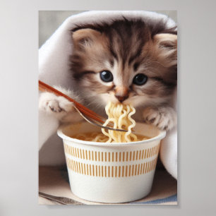 Poster Adorable Kitten Manger Ramen nouilles