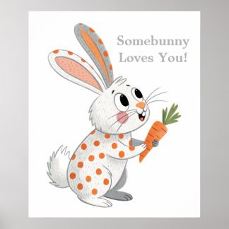 Poster Adorable lapin Orange et Blanc Jouer lapin Art