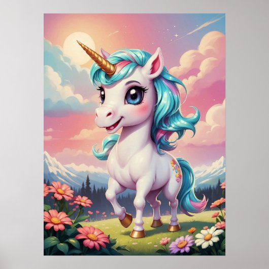 Poster Adorable licorne Whimsical dans le jardin (Devant)