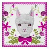 Poster Adorable Llama Bébé Blanc Avec Fuchsia Rose Vert (Devant)