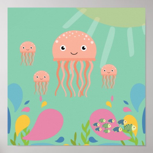 Poster Adorable méduse dans l'océan bleu bébé, (Devant)