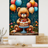 Poster Adorable Ours En Teddy Célébration D'Anniversaire  (Cuisine)